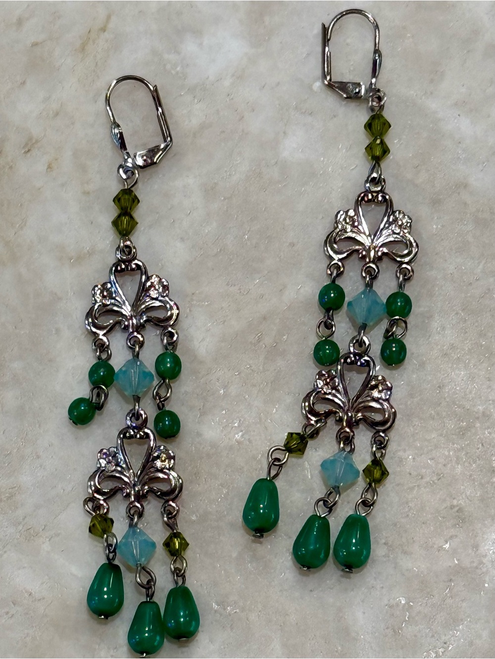 Boho Green Beaded Chandelier Earrings Like New